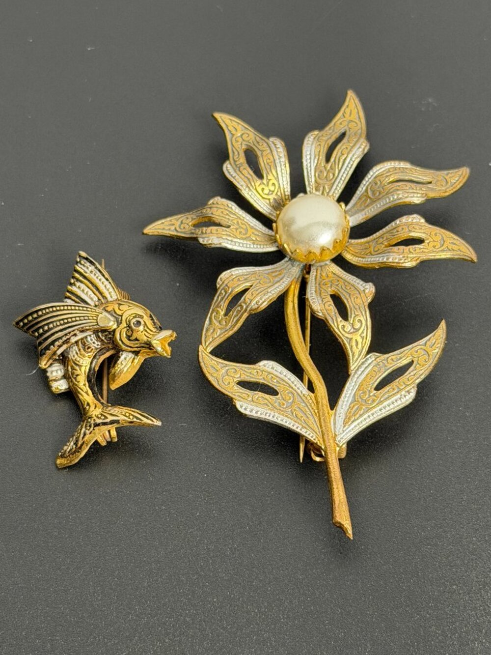 Set Of 2 Damascene Made in Spain Brooch Pins Flower Flying Fish Gold Black White